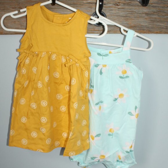 🍁5/$25🎃 9M Carters 2 piece set Dress/Romper Golden/Aqua NWT - Picture 1 of 3